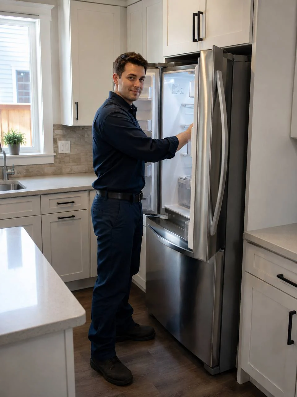 Honest Repair technician servicing a refrigerator in a Washington kitchen